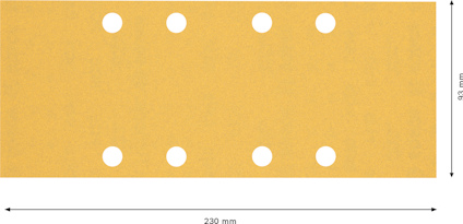 Rektangulärt sandpapper med sex jämnt fördelade hål. Mått: 230 mm x 93 mm.