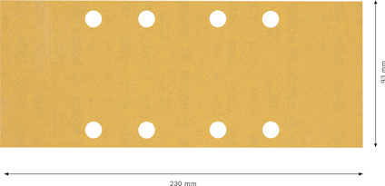 Rektangulärt slipark, 230 mm x 93 mm, med sex jämnt fördelade runda hål.
