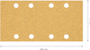 Rektangulär sandpapper med åtta hål. Mått: 186 mm x 93 mm.