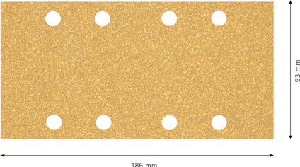 Rektangulär sandpapper med åtta hål. Mått: 186 mm x 93 mm.