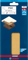 Förpackning med 10 sandpapper P60, storlek 93x186 mm, med illustration av träslipning och Bosch-logotyp.