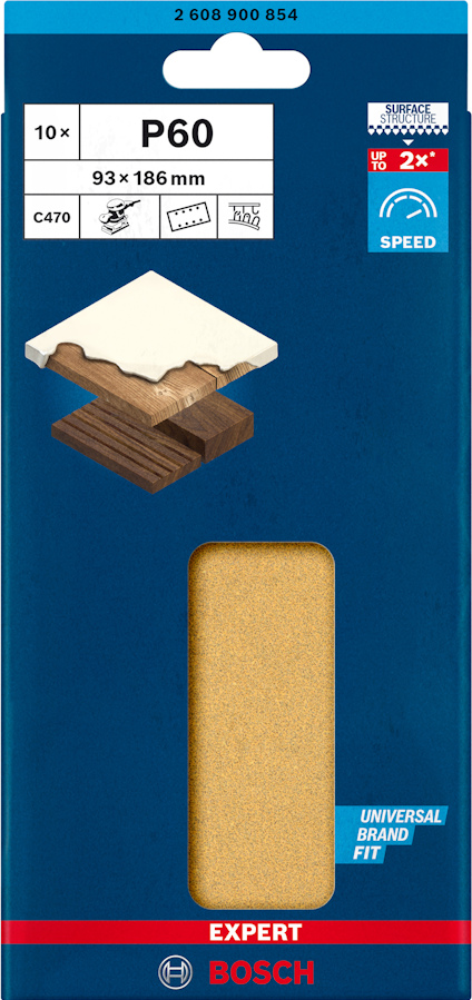 Förpackning med 10 sandpapper P60, storlek 93x186 mm, med illustration av träslipning och Bosch-logotyp.
