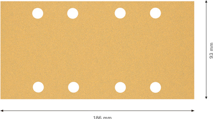 Rektangulärt sandpapper med åtta runda hål, mått 186 mm x 93 mm.