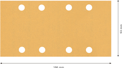 Rektangulärt sandpapper med åtta cirkulära hål, 186 mm x 93 mm.