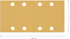 Brunt sandpapper, rektangulärt, 186 mm x 93 mm, med sex cirkulära hål i två rader.