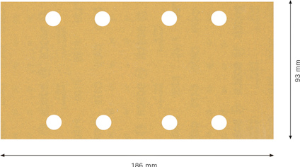 Brunt sandpapper, rektangulärt, 186 mm x 93 mm, med sex cirkulära hål i två rader.