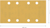 Rektangulärt sandpapper med åtta runda hål, mått 186 mm x 93 mm.