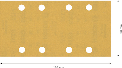 Rektangulärt sandpapper med åtta runda hål, mått 186 mm x 93 mm.