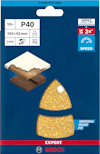 Förpackning med Bosch P40 sandpapper, två gula triangulära slipblad, 102 x 62 mm, för universell passform.