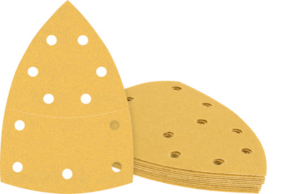 Gula triangulära sandpapper med hål, staplade på varandra.