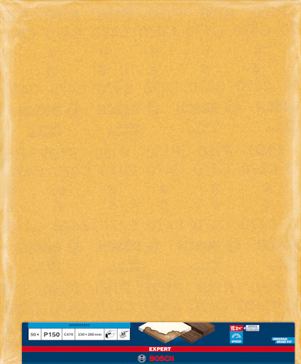Sandpapper i paket, Bosch, gradering P150, storlek 230x280 mm, innehåll 50 st.