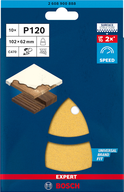 Förpackning med 10 sandpapper, P120, 102x62 mm, för slipverktyg.