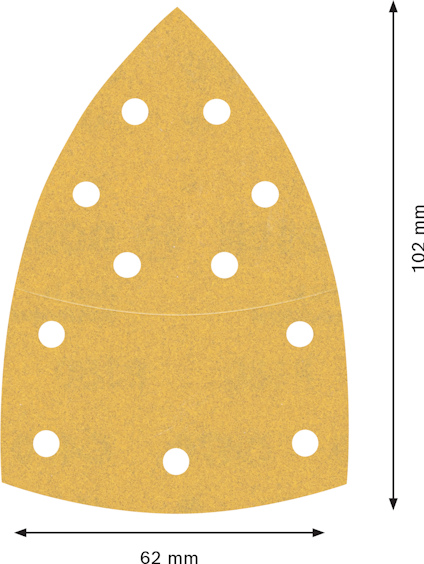 Gul trekantig slipark med elva hål, måtten 62 mm x 102 mm visas med pilar.
