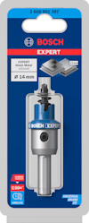 Förpackning med Bosch Expert-hålsåg för plåt, diameter 14 mm, med Carbide-teknologi och lång livslängd.