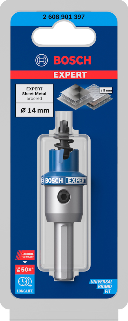Förpackning med Bosch Expert-hålsåg för plåt, diameter 14 mm, med Carbide-teknologi och lång livslängd.