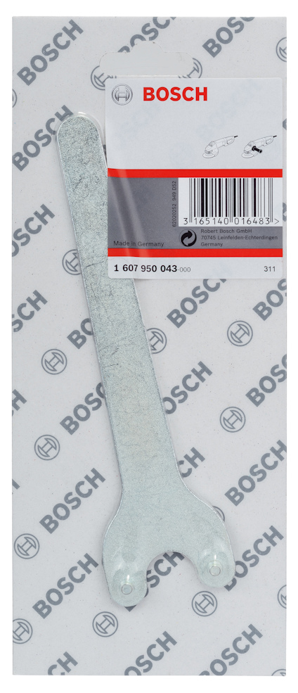 Förpackning med en skiftnyckel från Bosch, silverfärgad, med streckkod och instruktioner på etiketten.