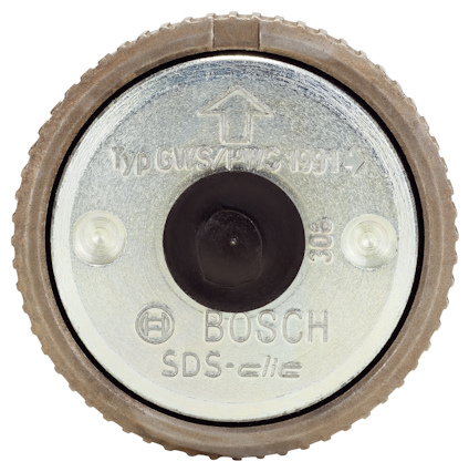 Rund metalldel med text: "Typ GWS/AFMZ", "BOSCH", "SDS-clic". Pilar och markeringar finns på ytan.