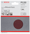 Sandskiva Bosch P120, 125 mm, för trä och färg, hög hastighet, perfekt finish, 5 st, kompatibel med flera verktyg.