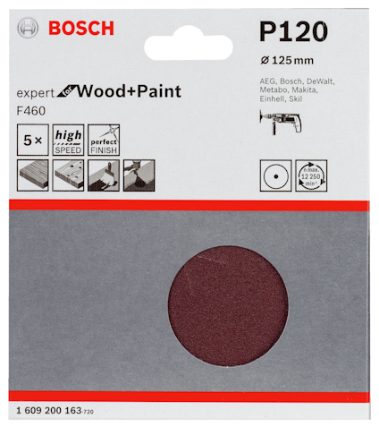 Sandskiva Bosch P120, 125 mm, för trä och färg, hög hastighet, perfekt finish, 5 st, kompatibel med flera verktyg.