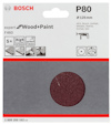 P80 sandpapper för trä och färg, Bosch, 125 mm, hög hastighet och perfekt finish. Passar olika verktyg, 5-pack.