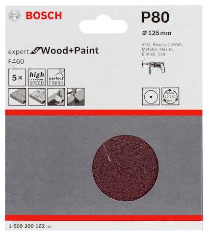 P80 sandpapper för trä och färg, Bosch, 125 mm, hög hastighet och perfekt finish. Passar olika verktyg, 5-pack.