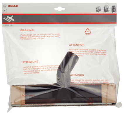 Plastpåse med Bosch slangdel. Varningsmeddelanden på flera språk om kvävningsrisk.