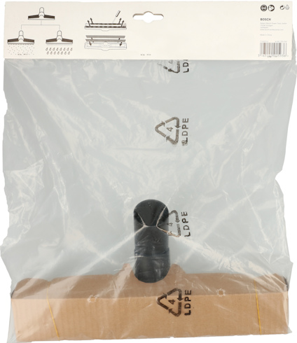 Rund svart borste i plastförpackning med återvinningstecken.