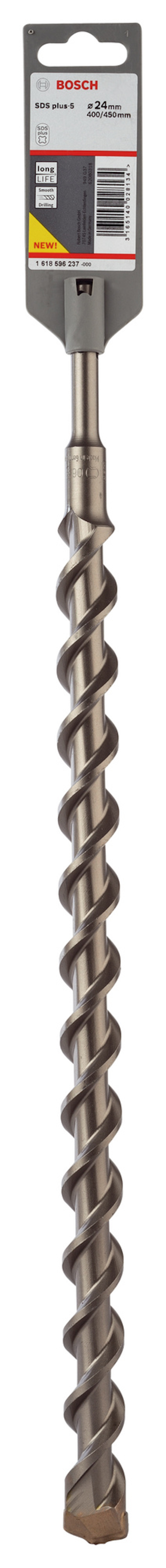 Borr med spiralformad design och metallisk färg, förpackad med märkning och streckkod på etikett.