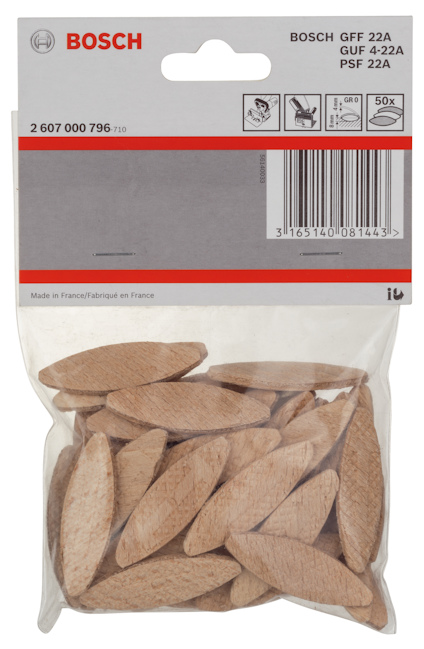 Förpackning med Bosch träplugg, modell GUF 22A, innehållande flera ovala pluggar.