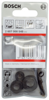 Förpackning med Bosch borrtillbehör, innehållande fyra svarta ringar och en borrbits.