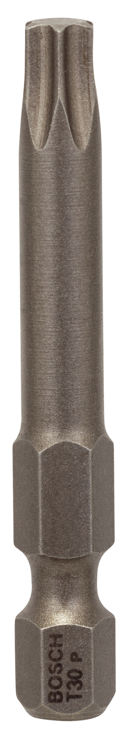 Bits i metall med hexagonal fäste och en sexuddig topp. Märkt "BOSCH T30".