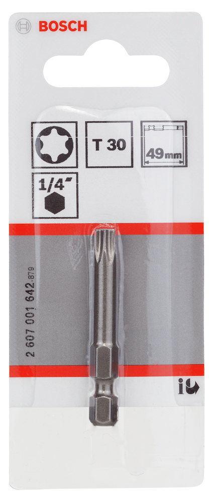 Förpackning med en Bosch T 30 bits, 1/4" storlek, 49 mm längd.