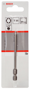 Förpackning med Bosch T15 bits, längd 89 mm, skaft 1/4 tum.