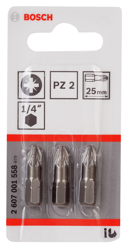 Förpackning med tre Bosch PZ 2 bits, 25 mm, 1/4" fäste. Produktnummer: 2 607 001 558.