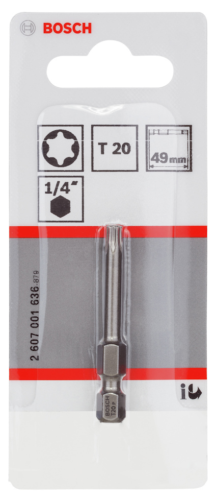 Förpackning med Bosch T20 skruvbits, 49 mm lång, 1/4" sexkantfäste.