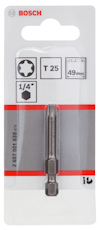 Förpackning med Bosch bits T25, 1/4 tum, längd 49 mm, artikelnummer 2 607 001 638.