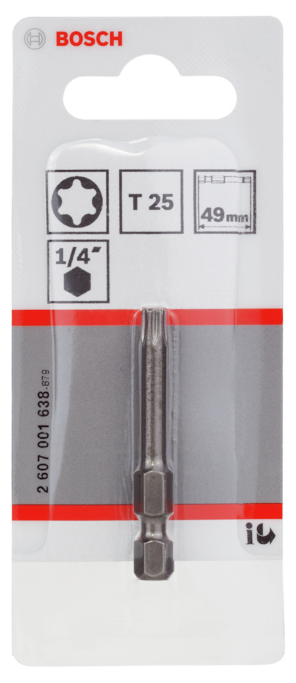 Förpackning med Bosch bits T25, 1/4 tum, längd 49 mm, artikelnummer 2 607 001 638.