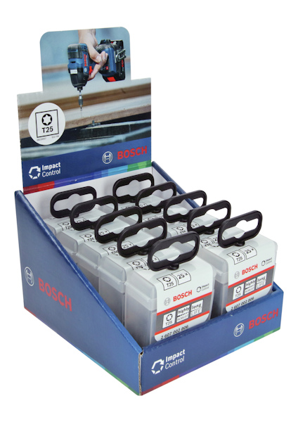 Borrskruvmejselbits från Bosch i en blå och vit displayförpackning.