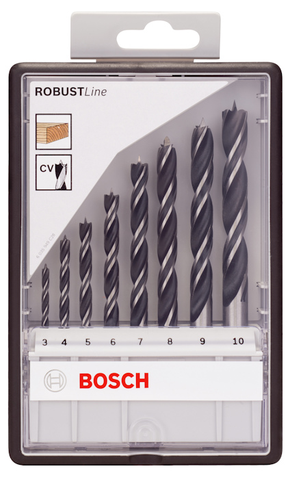 Borrsats från Bosch med storlekar 3-10, i en genomskinlig låda.