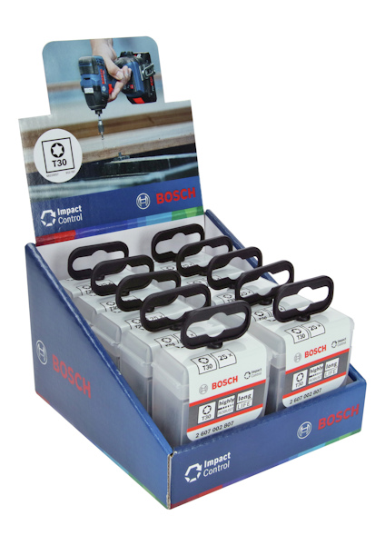 Kartongdispenser med Bosch T30 bitsatser, text "Impact Control".