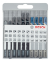 Sågblad från Bosch i plastförpackning, olika typer och tandmönster synliga med etiketterade diagram ovanför.