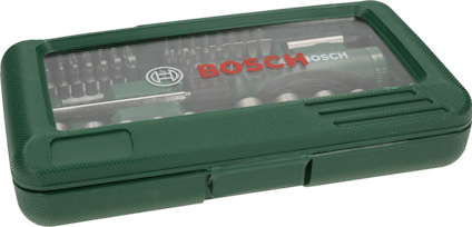 Verktygsset i grön plastlåda med klar plasttopp, märkt med "Bosch" i rött och vitt.
