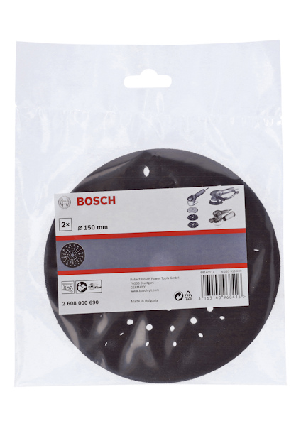 Slippapper från Bosch, 150 mm diameter, förpackning om 2. Anpassad för sliphövel och slipmaskin.