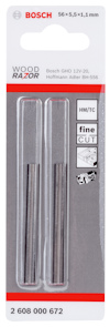 Förpackning med Bosch Wood Razor hyvelblad, 56 x 5,5 x 1,1 mm, med två blad och artikelnummer 2 608 000 672.