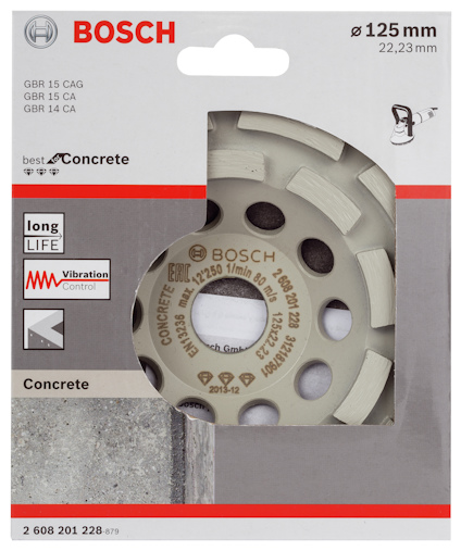 Förpackning med Bosch betongslip i betonggrått, 125 mm, med betongstruktur och text.