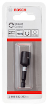Förpackning med Bosch Impact Control hylsa, 10 mm, svart och metallisk skruvdragartillsats.