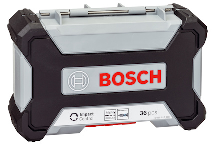 Svart och grå Bosch-borrbitsats med texten "Impact Control" och "36 pcs".