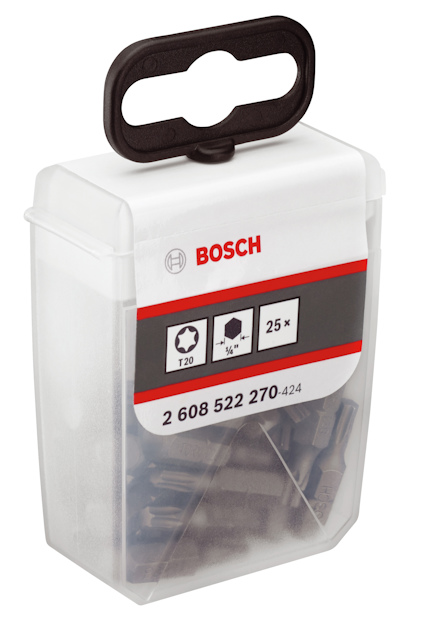Transparent förpackning med Bosch-bits, etikett visar "T20, 25x, 2 608 522 270".