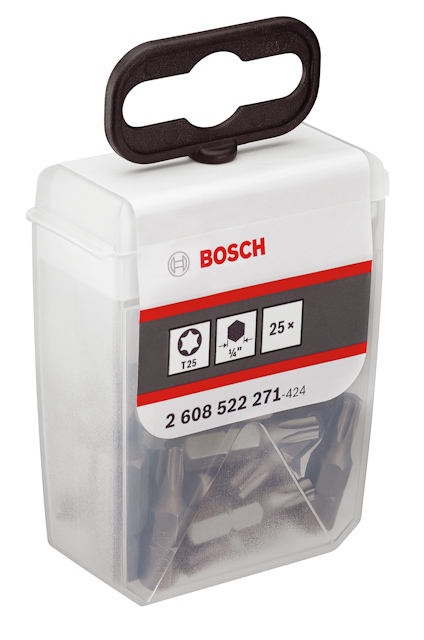 Förpackning med Bosch skruvbits. Text: T25, 1/4", 25x, 2 608 522 271.424.