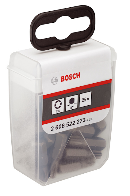 Plastlåda med 25 st stjärnbits från Bosch, etikett med produktnummer 2 608 522 272.